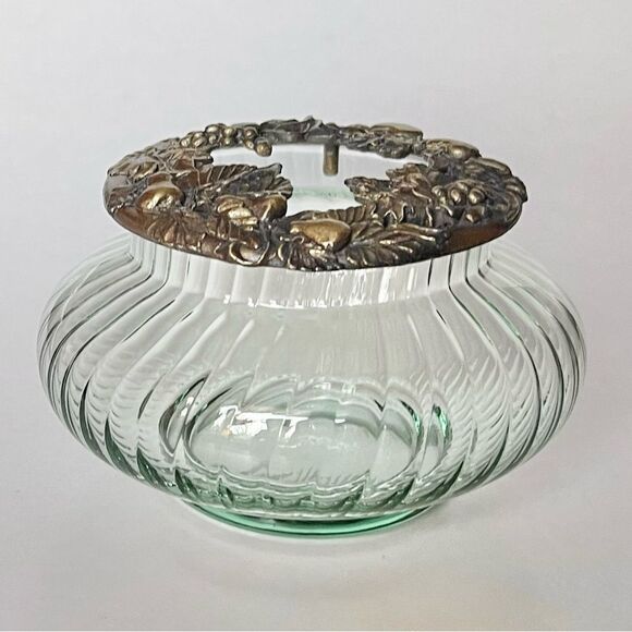 Vintage Rawcliff Pewter Ribbed Glass Fruit Motif Open Lid Potpourri Jewelry Jar - Picture 1 of 16